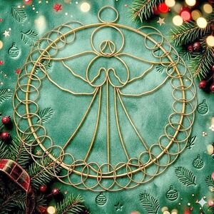 Vintage Metal Gold Tone Christmas Card Holder with Angel Wreath 12"